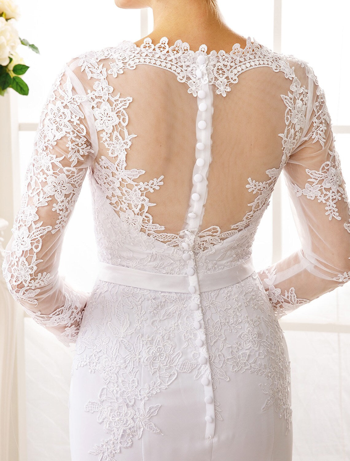 Engagement Open Back Formal Wedding Dresses Long Sleeve V Neck Chiffon Sash Appliques