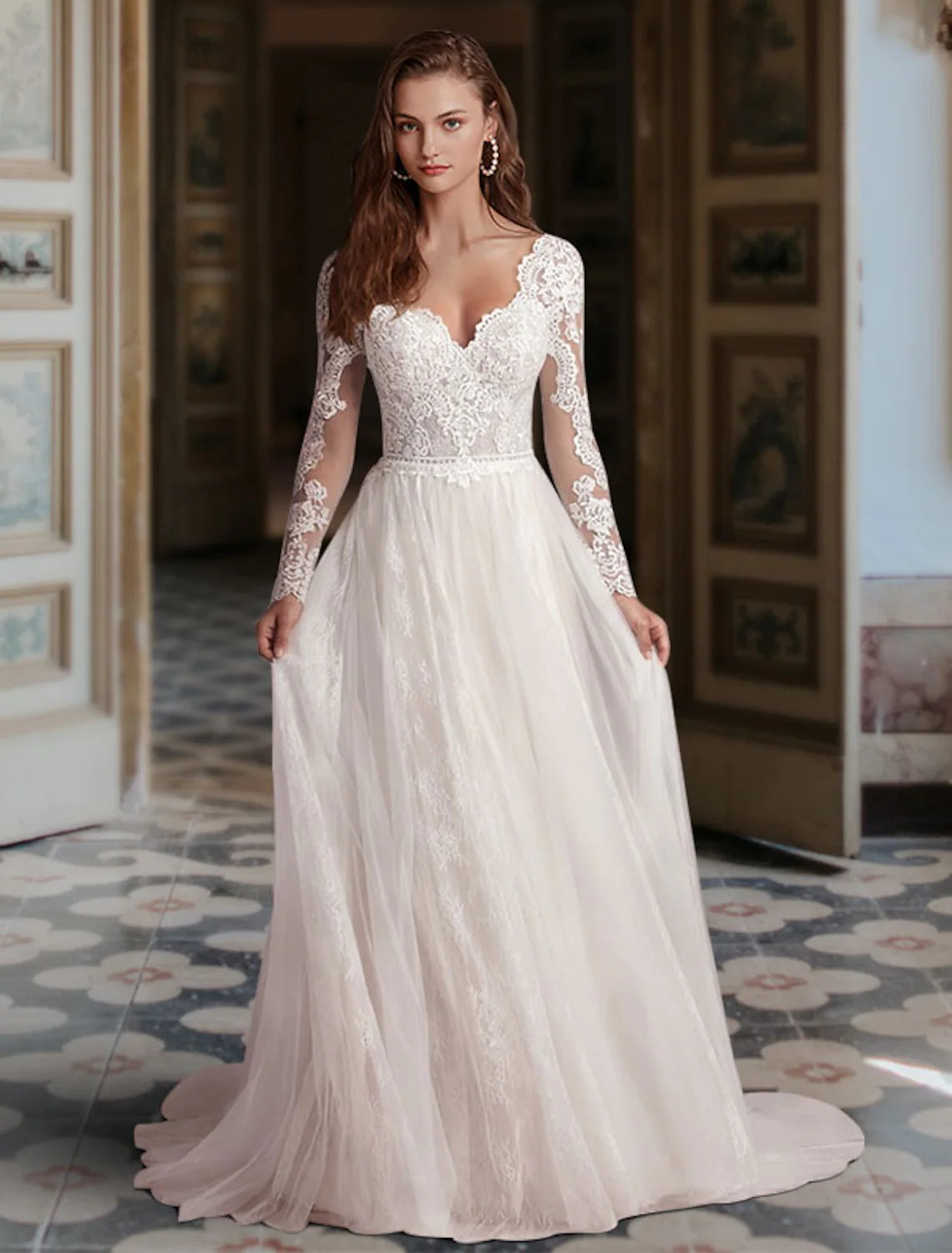 Engagement Formal Wedding Dresses A-Line Long Sleeve V Neck Lace
