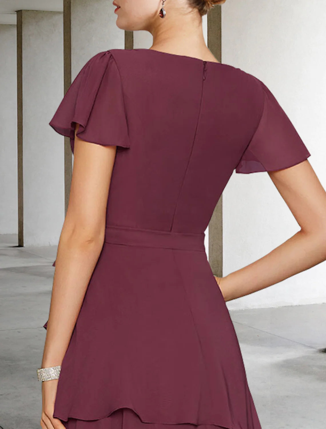 A-Line Mother of the Bride Dress Vintage Elegant V Neck Floor Length Chiffon Short Sleeve Sash Ribbon Cascading Ruffles