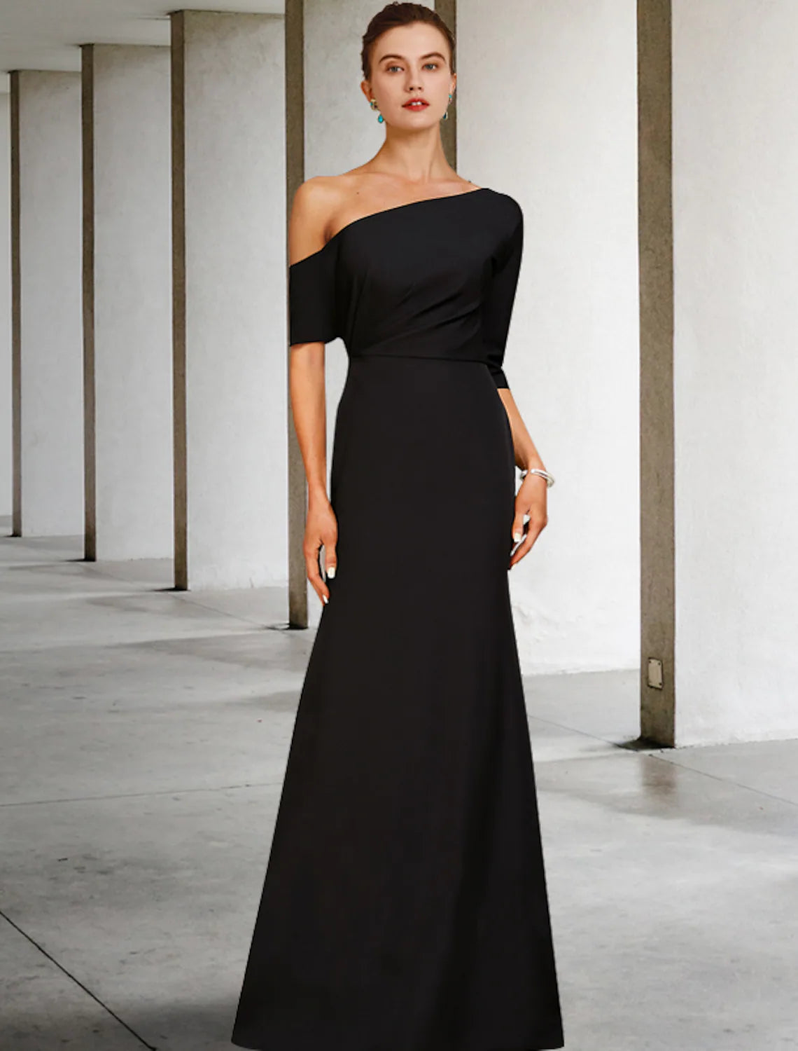 A-Line Mother of the Bride Dress Vintage Elegant One Shoulder Floor Length Charmeuse Length Sleeve Ruffles Side-Draped