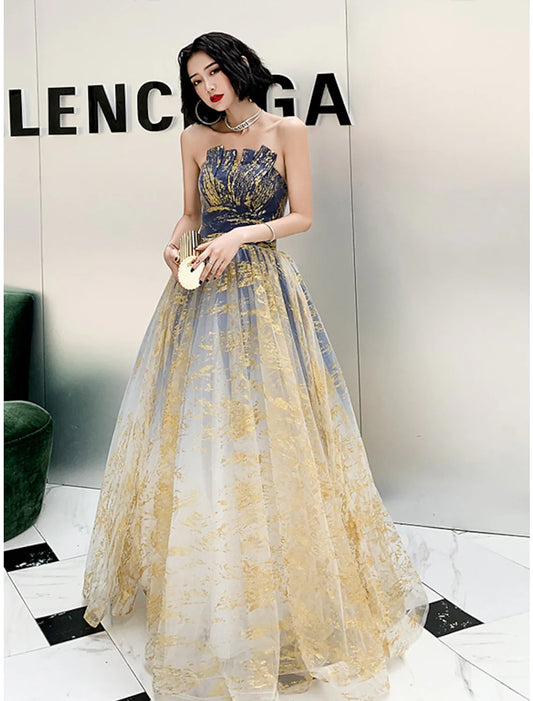 A-Line Sparkle Engagement Prom Dress Strapless Sleeveless Floor Length Sequined with