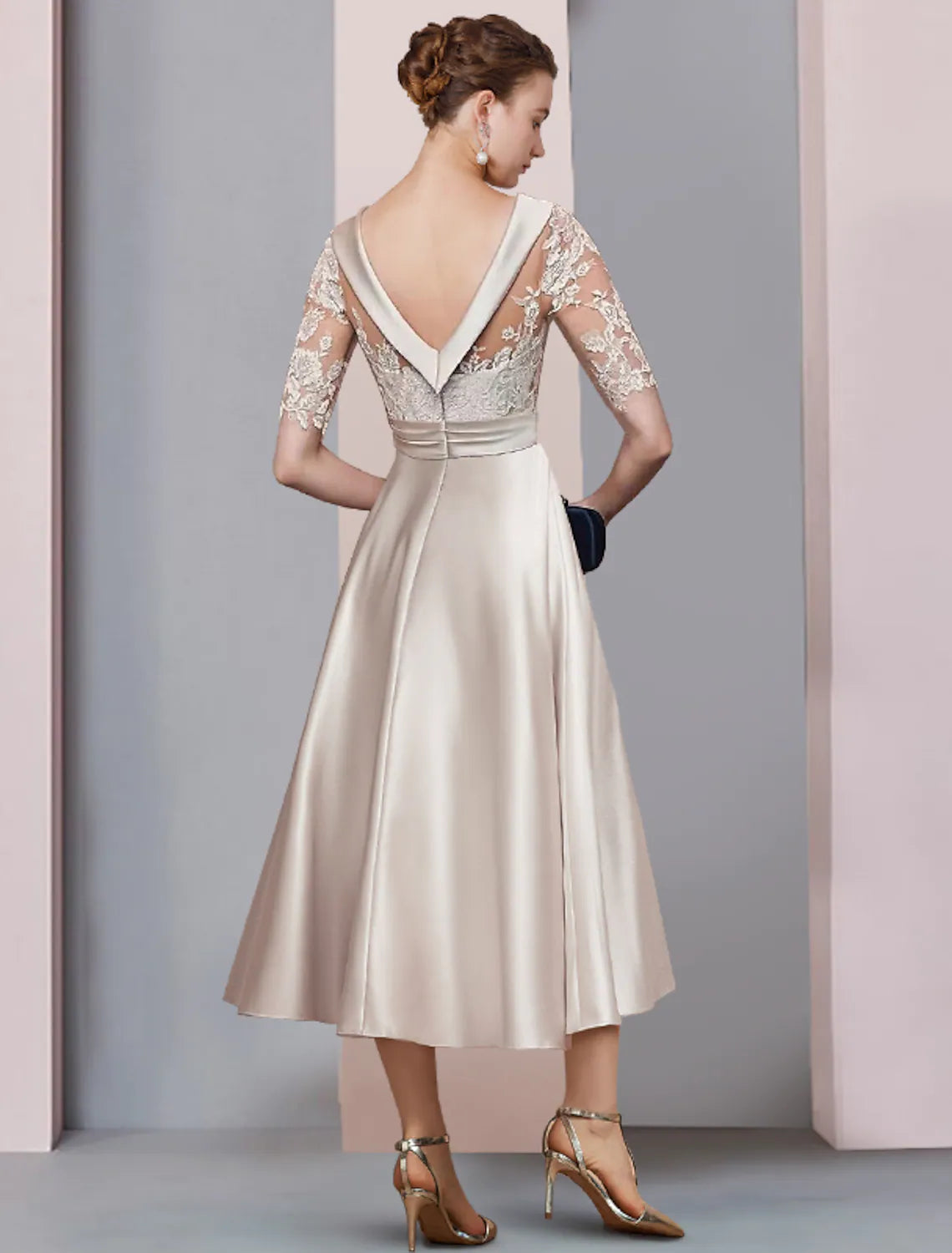 A-Line Mother of the Bride Dress Wedding Vintage Elegant Lace Half Sleeve with Ruched Appliques