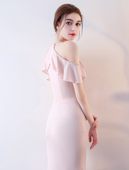 Prom Dresses Floor Length Short Sleeve Halter Jersey Beading Ruffles