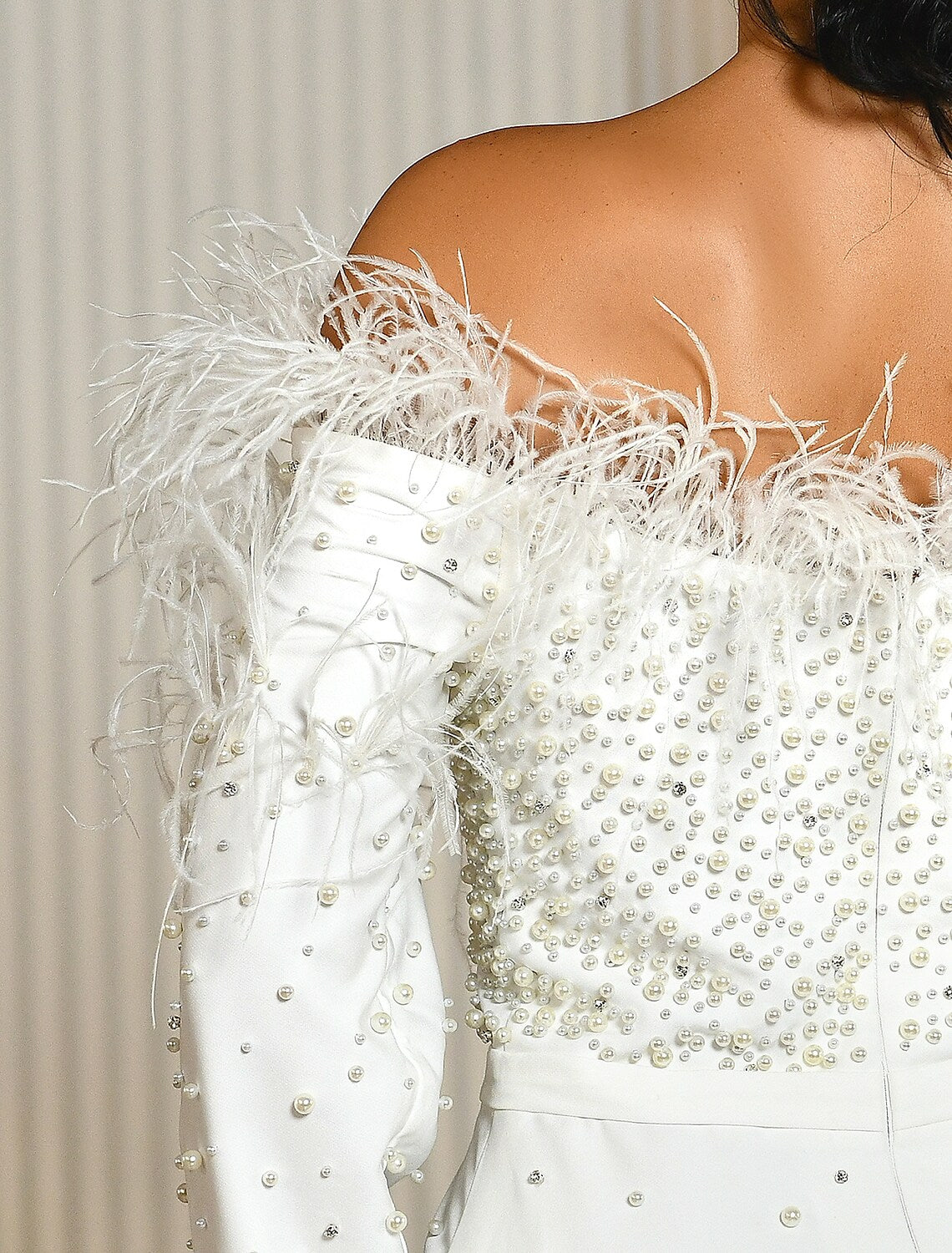 Engagement Formal Wedding Dresses Floor Length Long Sleeve Off Shoulder Feathers Bow