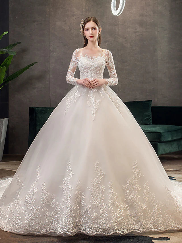 Engagement Open Back Formal Wedding Dresses Chapel Train Long Sleeve Lace With Pleats Appliques