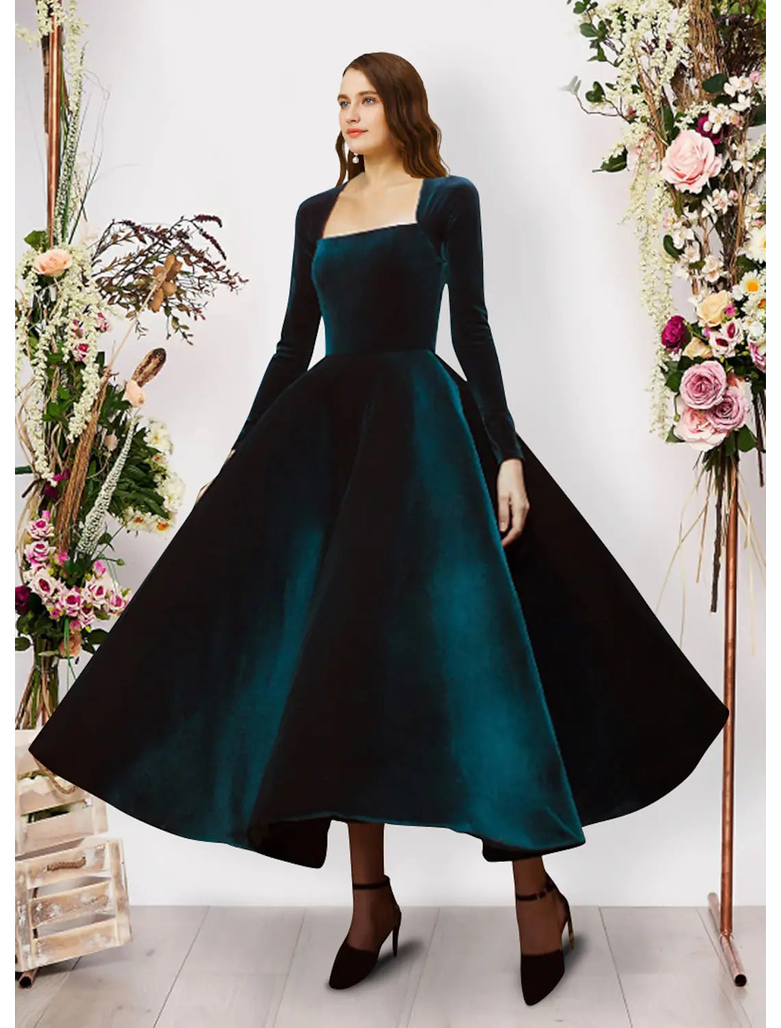 Ball Gown Evening Gown Vintage Dress Prom Ankle Length Long Sleeve Square Neck Velvet with