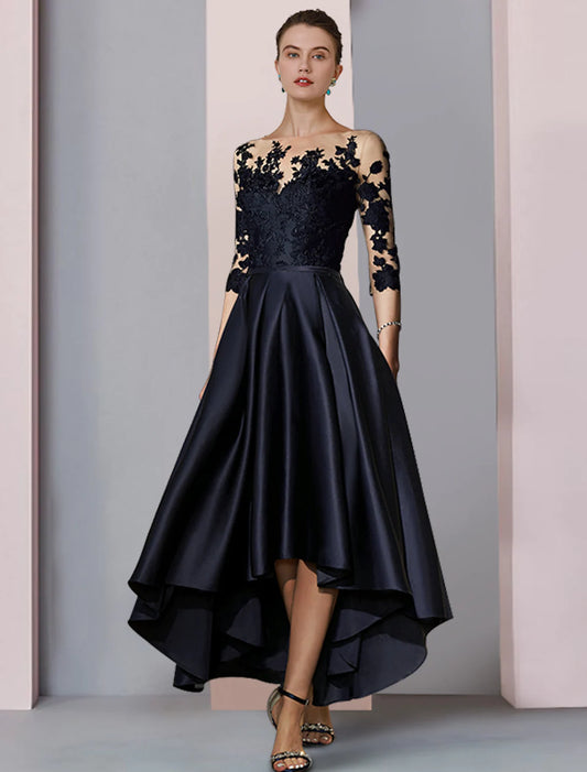 DingJiDress A-Line Mother of the Bride Dress Wedding Elegant Scoop Neck Asymmetrical Lace Sleeve Pleats Appliques