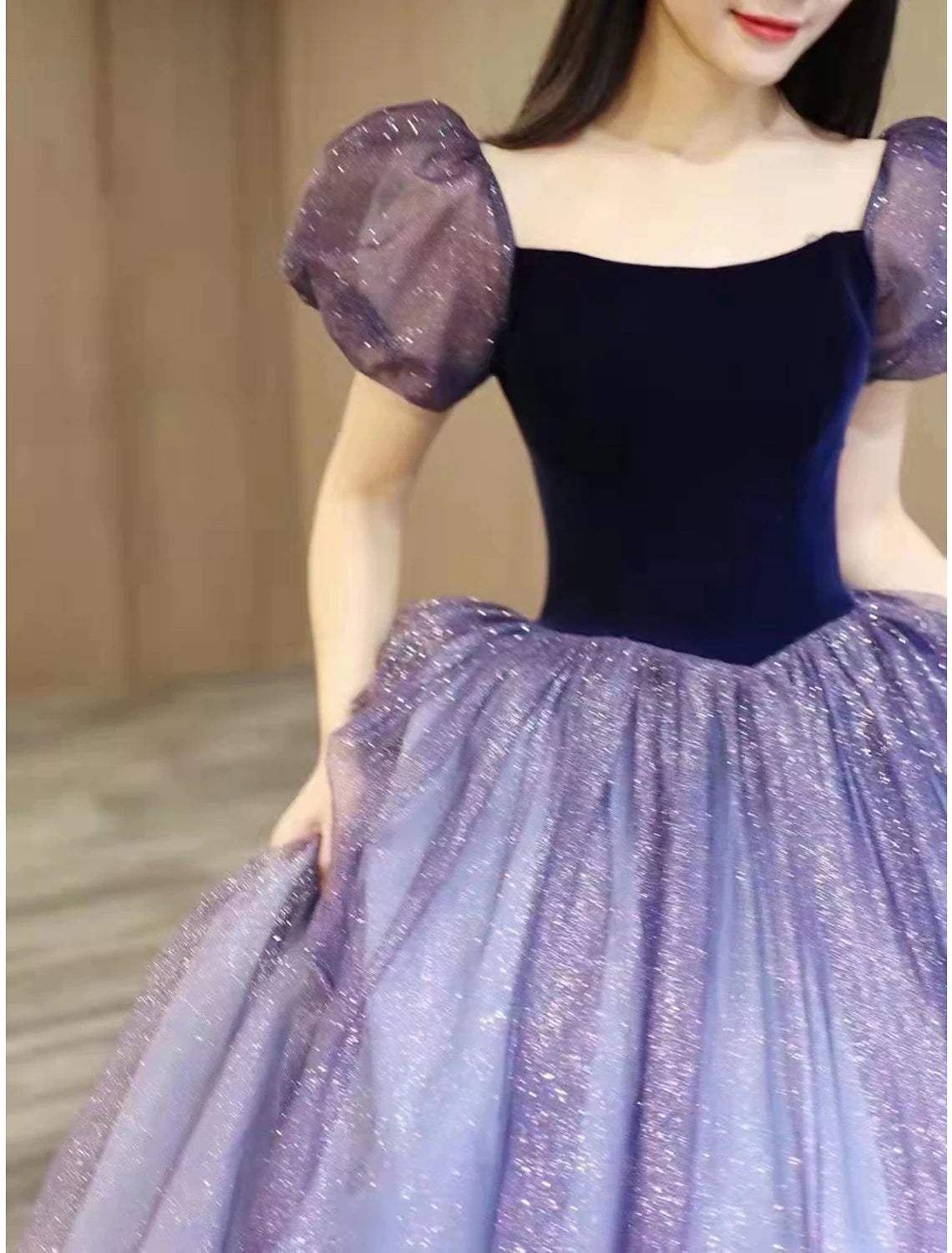 Dresses Engagement Floor Length Short Sleeve Square Neck Tulle with Sequin Splicing