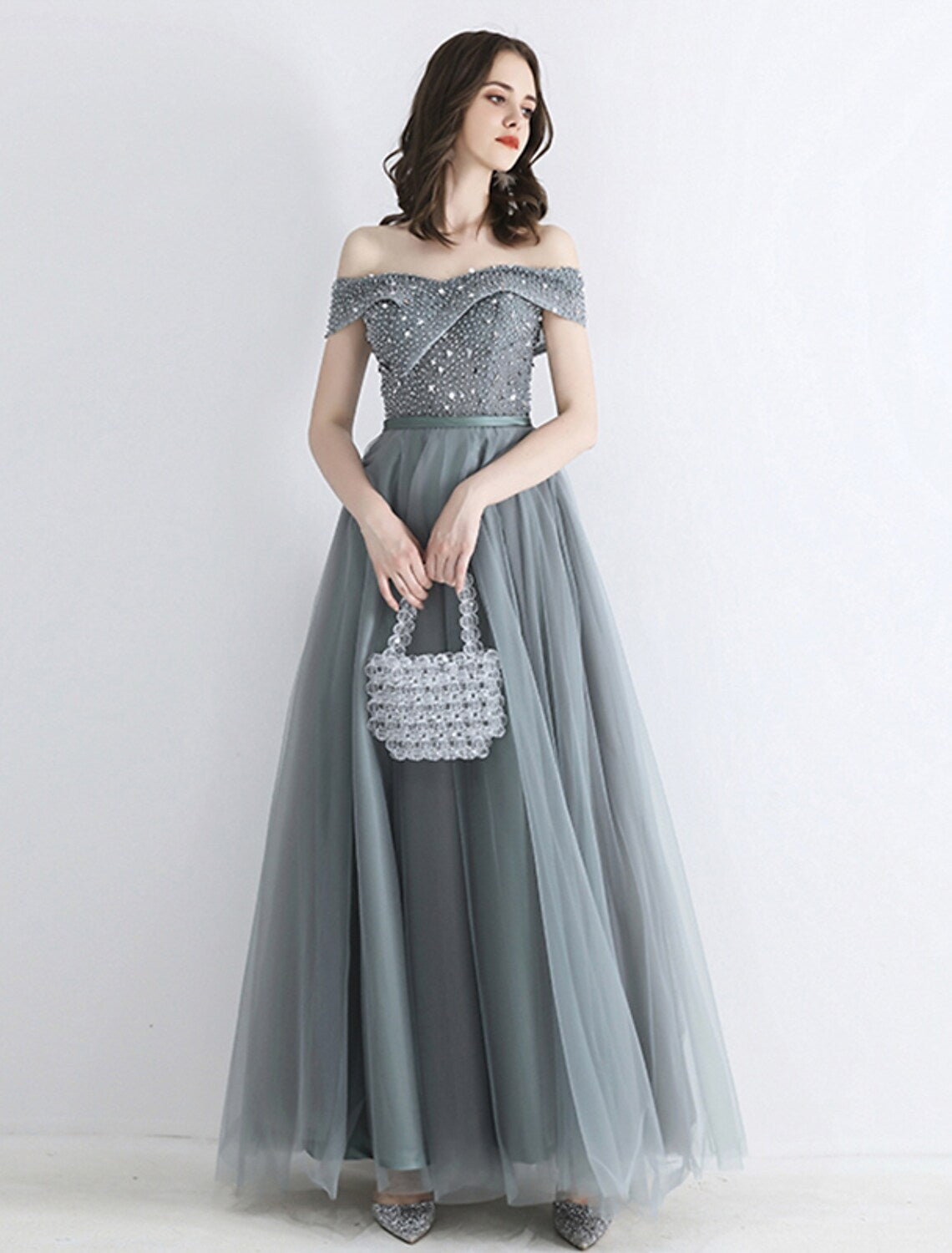 Prom Dresses Engagement Floor Length Short Sleeve off Shoulder Tulle Sash Ribbon Beading