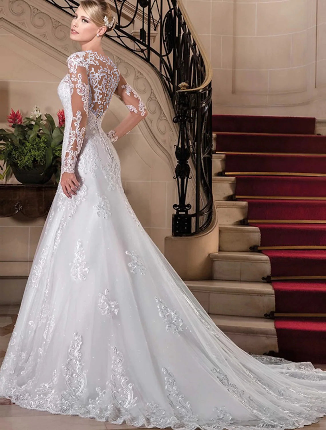 Engagement Formal Wedding Dresses Chapel Long Sleeve V Neck Lace Beading