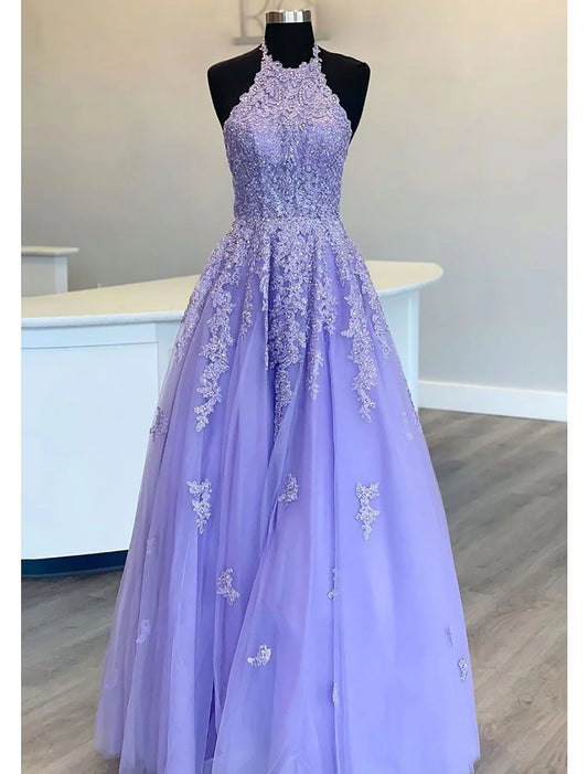 A-Line Prom Dresses Open Back Dress Formal Floor Length Sleeveless Tulle Backless with Pleats Beading Appliques