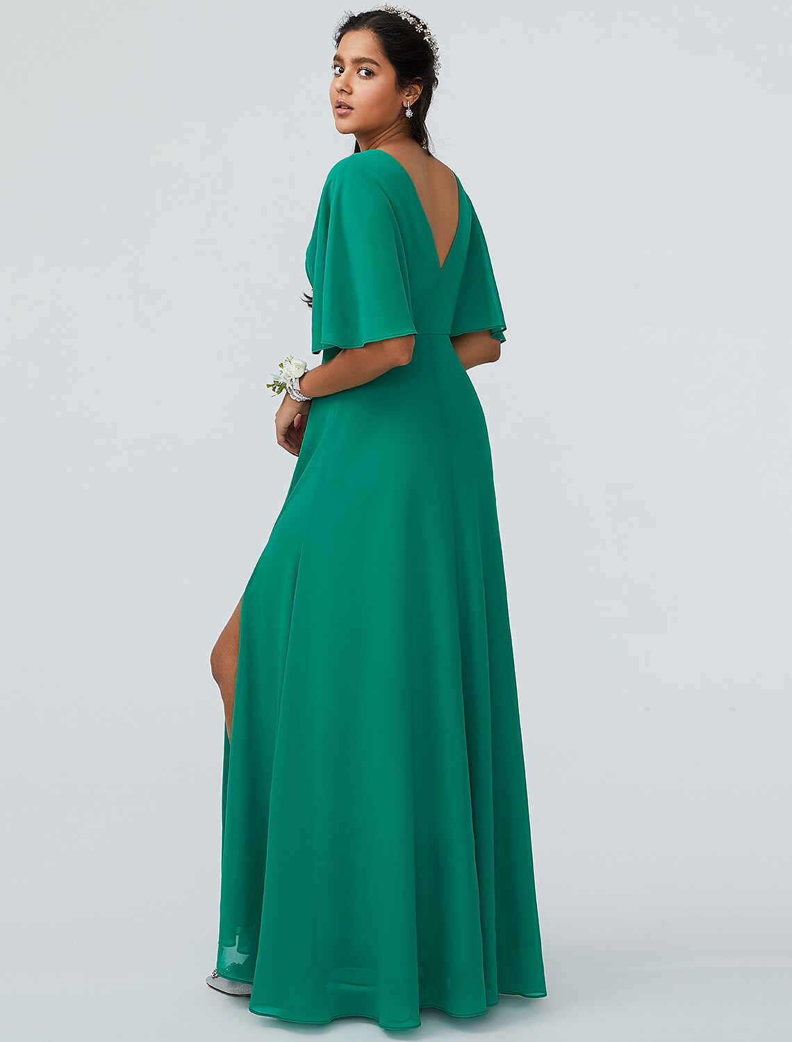 Bridesmaid Dress V Neck Short Sleeve Sparkle Shine Floor Length Chiffon with Split Front