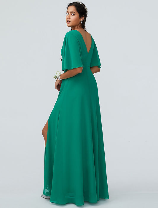 Bridesmaid Dress V Neck Short Sleeve Sparkle Shine Floor Length Chiffon with Split Front