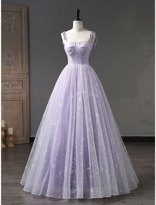 Ball Gown Prom Dresses Formal Floor Length Sleeveless Strap Tulle Backless with Pleats Strappy