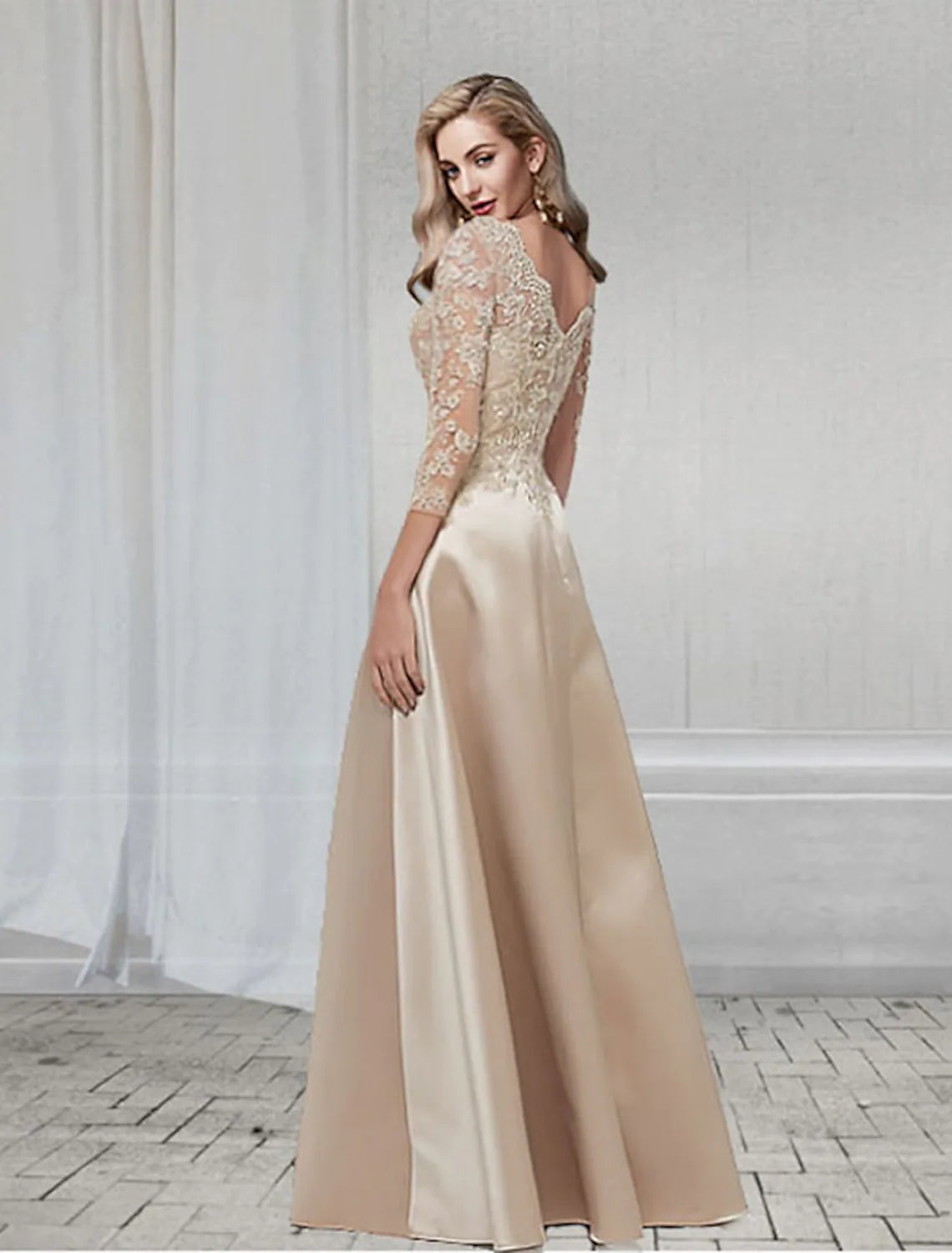 A-Line Elegant Wedding Guest Formal Evening Dress V Neck Length Sleeve Floor Length Chiffon with Appliques