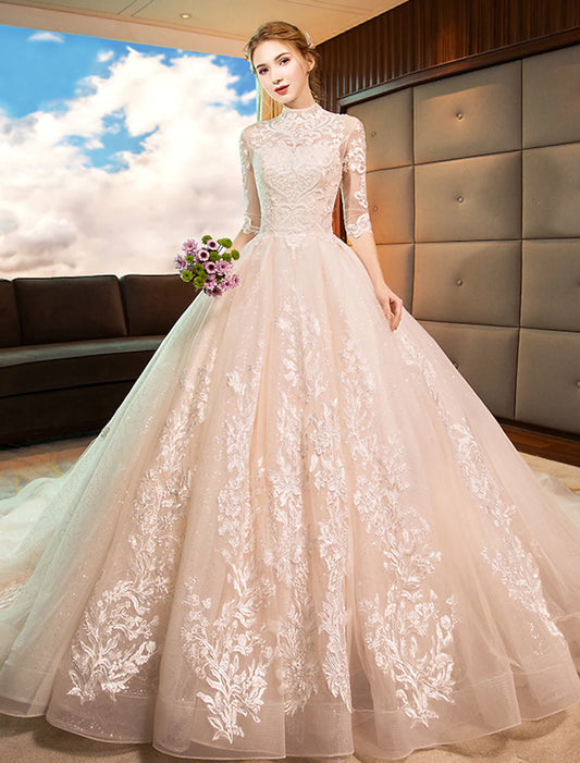 Engagement Open Back Formal Wedding Dresses Princess Long Sleeve High Neck Lace With Sequin Appliques
