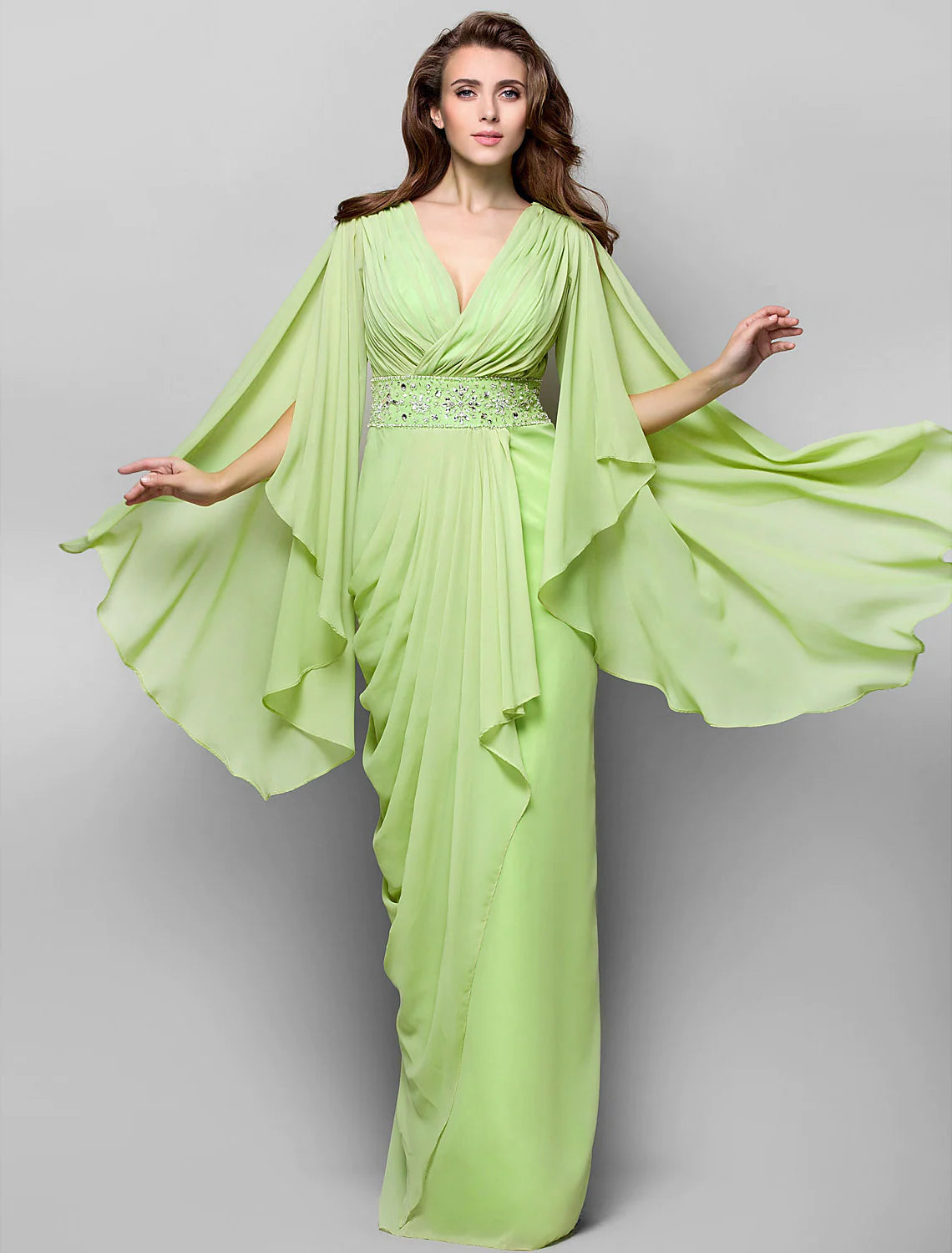 Elegant Dress Wedding Guest Floor Length Long Sleeve V Neck Chiffon V Back Crystals Side Draping