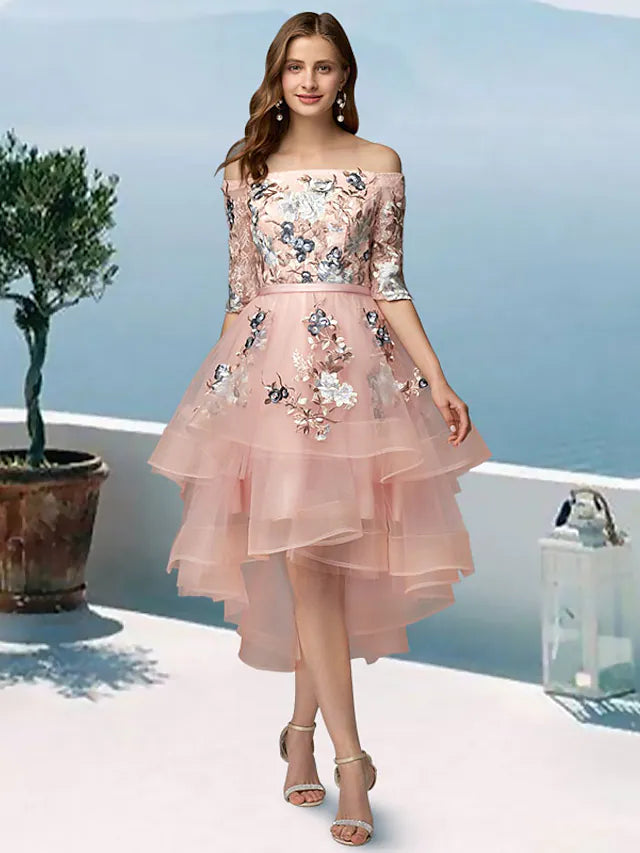 A-Line Prom Dresses Evening Party Asymmetrical Half Sleeve Off Shoulder Satin with Embroidery Appliques