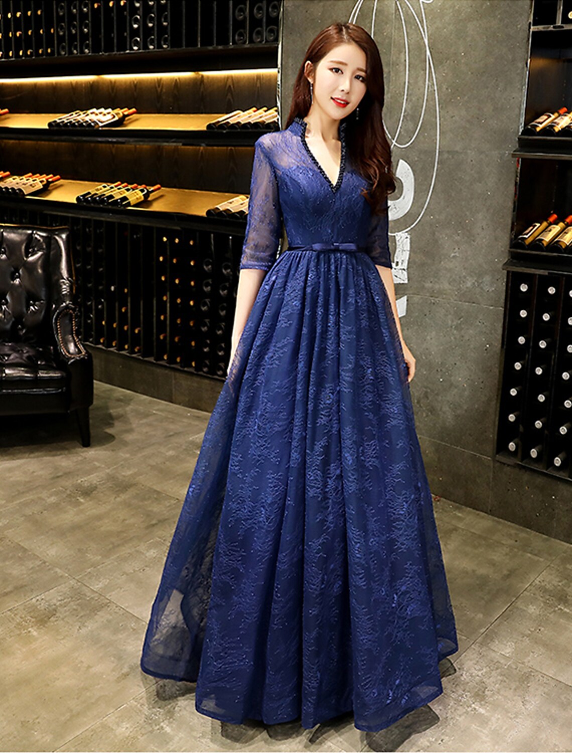 A-Line Evening Gown Beautiful Back Dress Wedding Guest Floor Length Half Sleeve V Neck Lace with Beading Prom Dresses