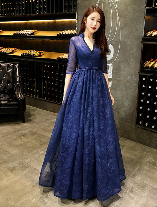 A-Line Evening Gown Beautiful Back Dress Wedding Guest Floor Length Half Sleeve V Neck Lace with Beading Prom Dresses