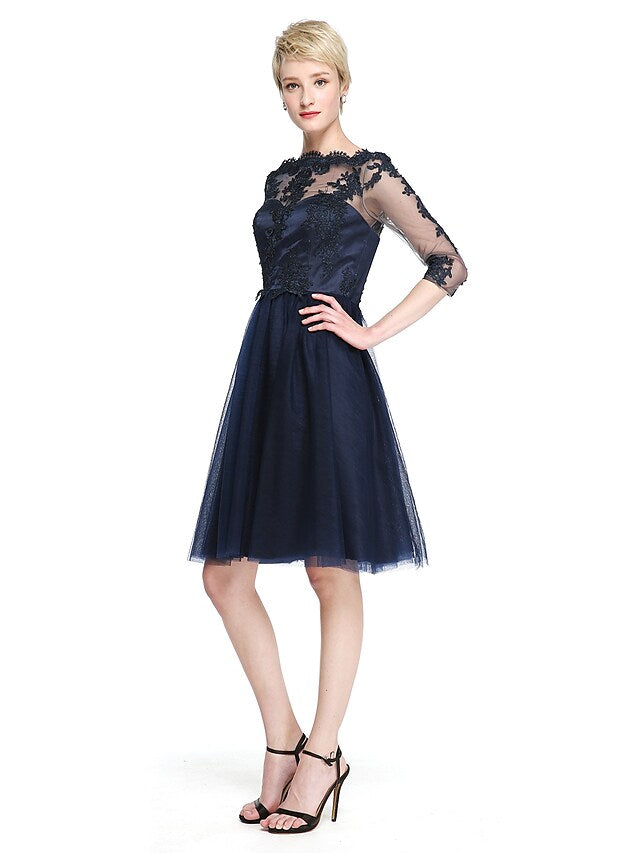 A-Line Bridesmaid Dress Bateau Neck 3/4 Length Sleeve See Through Knee Length Lace / Tulle with Appliques