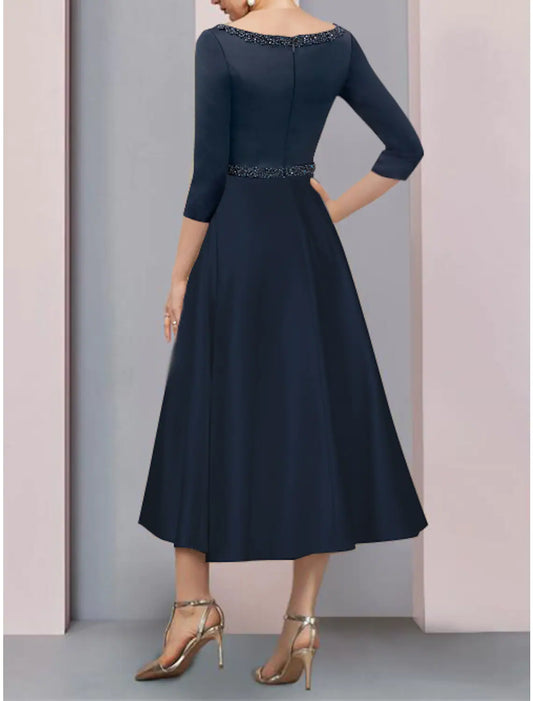 A-Line Mother of the Bride Dress Wedding Vintage Elegant V Neck Length Short Sleeve with Pleats Beading