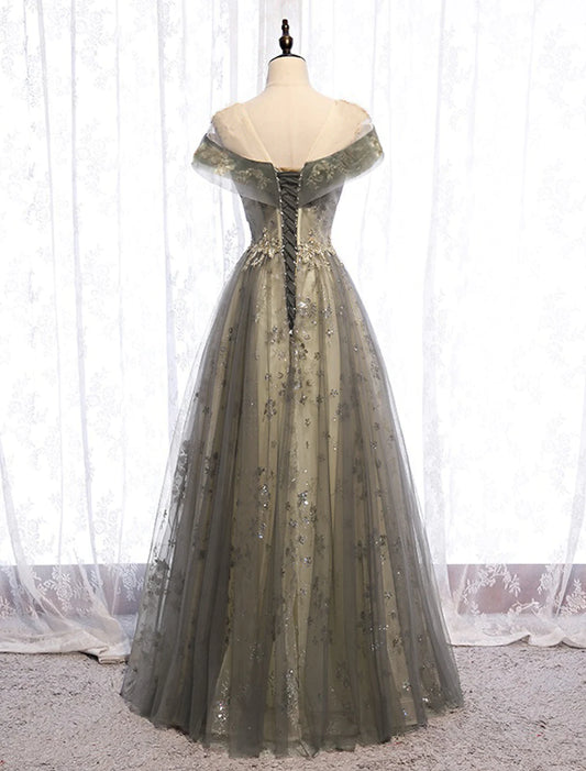 A-Line Evening Gown Elegant Dress Wedding Floor Length Short Sleeve Tulle with Pleats