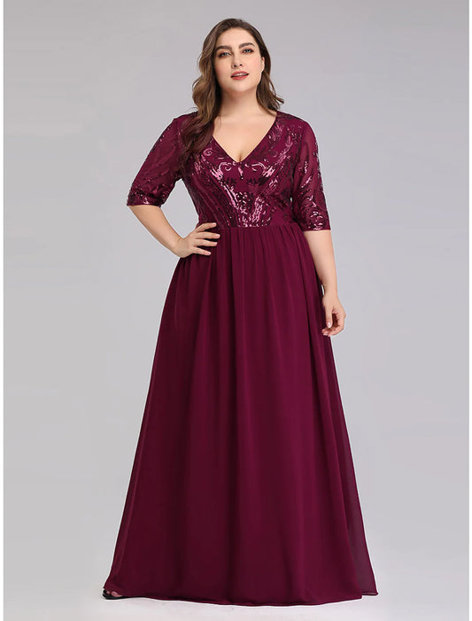 A-Line Prom Dresses Plus Size Dress Wedding Guest Floor Length Half Sleeve Plunging with