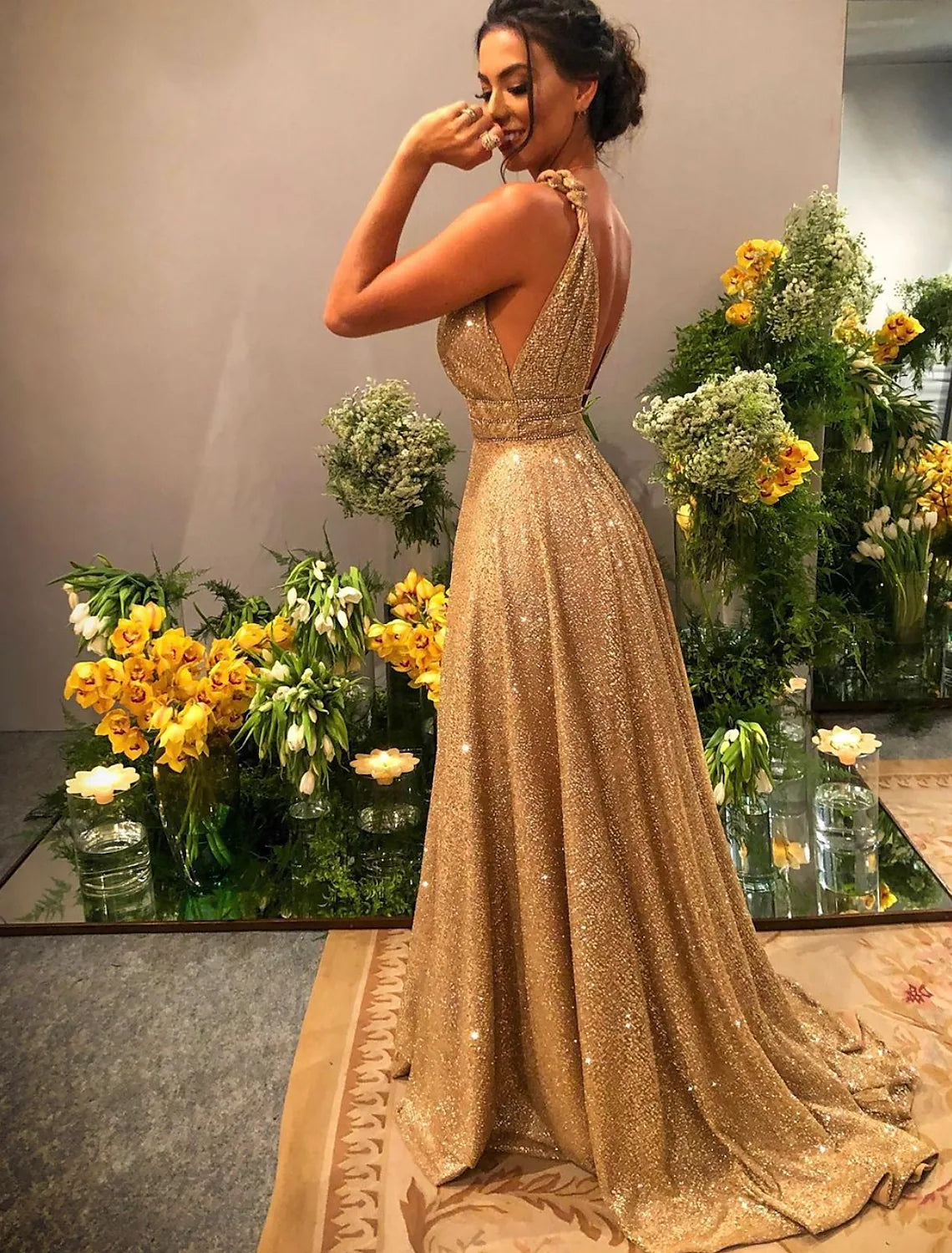 A-Line Prom Dresses Luxurious Dress Strap Stretch Satin Backless with Sequin
