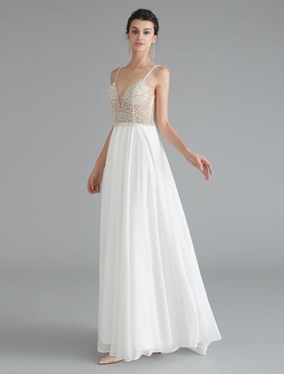 A-Line Evening Gown Dress Engagement Floor Length Sleeveless V Neck Chiffon V Back with Beading