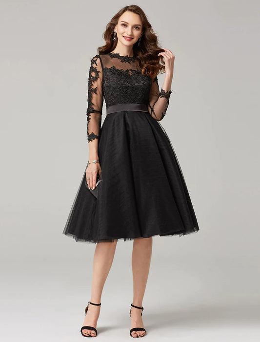 A-Line Elegant Dress Wedding Knee Length Length Sleeve Tulle Over Lace Appliques