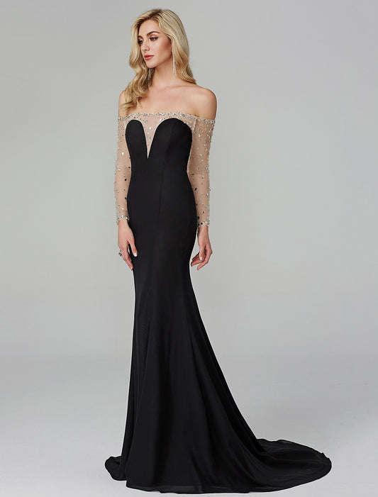 Dress Floor Length Long Sleeve Off Shoulder Chiffon Beading