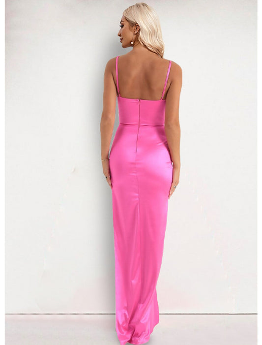 Evening Gown Dress Formal Floor Length Sleeveless Strap Stretch Satin with Slit