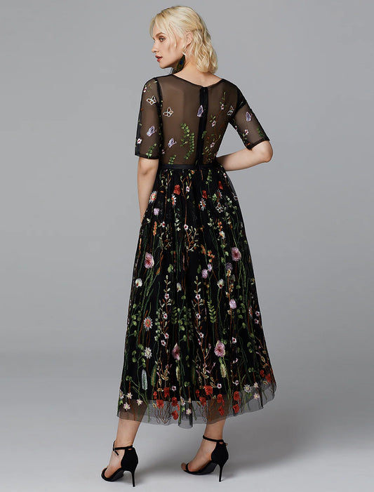 A-Line White Dress Holiday Half Sleeve Lace with Embroidery Appliques