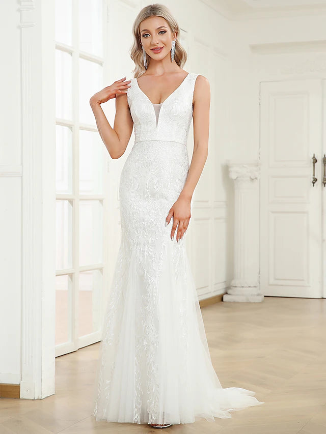 Wedding Dresses Sleeveless V Neck Lace With