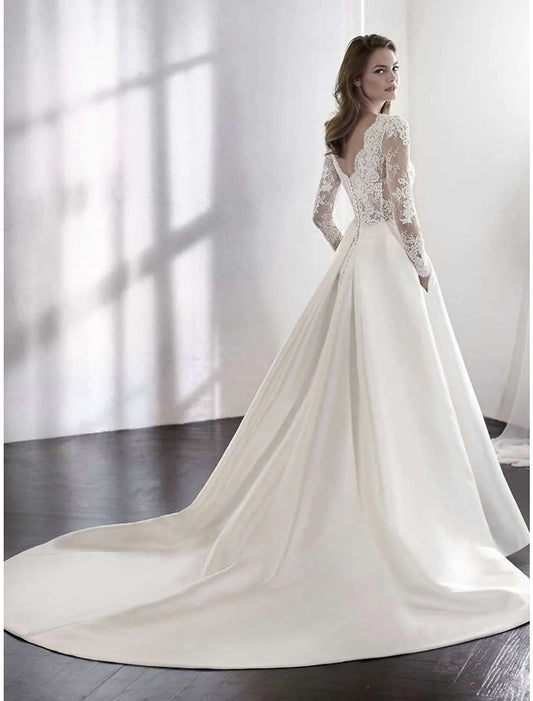 Beach Formal Wedding Dresses Chapel Train A-Line Long Sleeve With Lace Pleats
