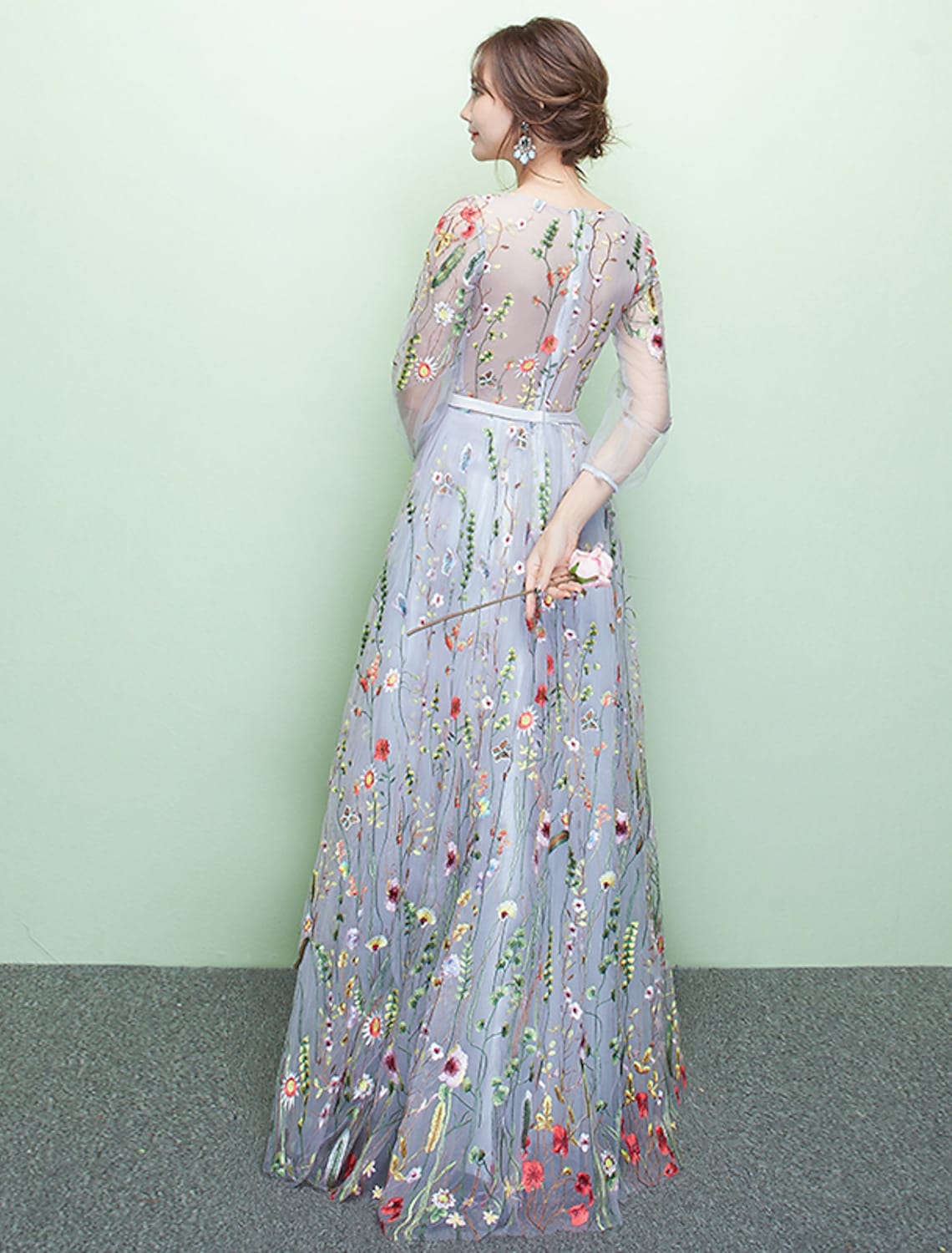 A-Line Elegant Formal Evening Dress Length Sleeve Floor Length Lace with Embroidery