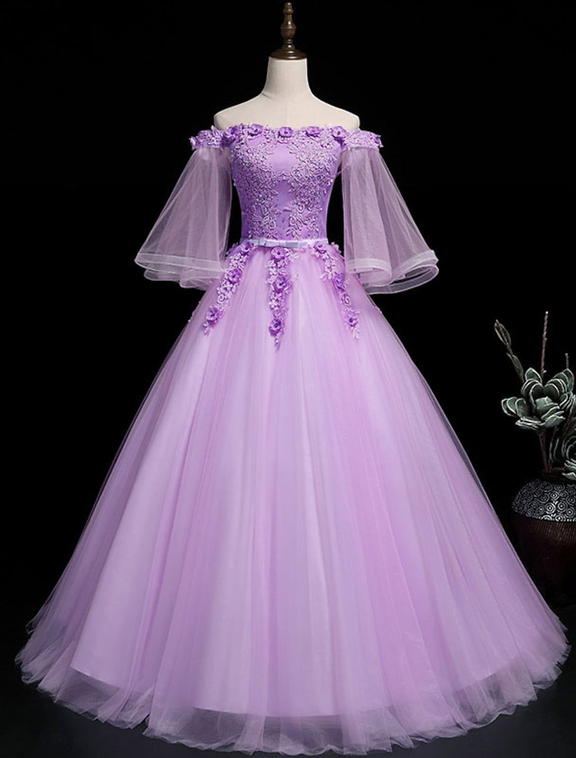 Luxurious Floral Quinceanera Prom Birthday Dress Off Shoulder Length Sleeve Floor Length Tulle Embroidery