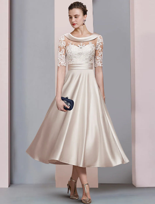 A-Line Mother of the Bride Dress Wedding Vintage Elegant Lace Half Sleeve with Ruched Appliques