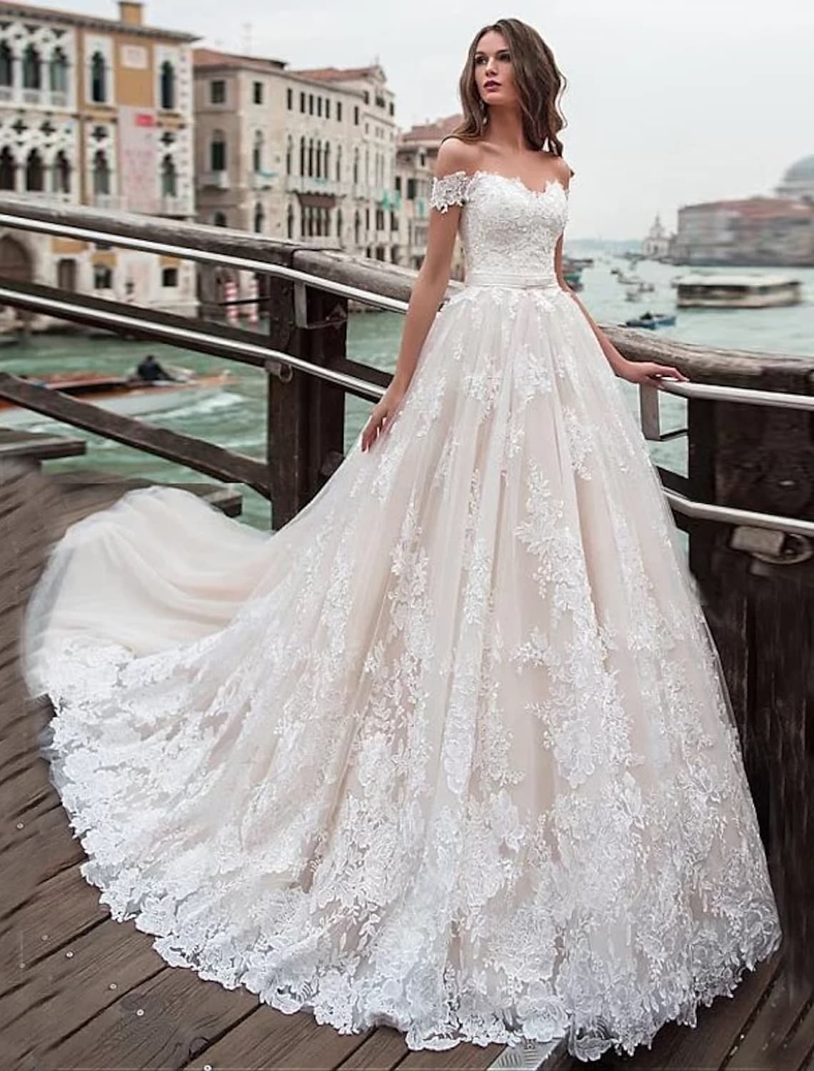 Engagement Formal Wedding Dresses Chapel Train Ball Gown Short Sleeve Off Shoulder Lace Appliques