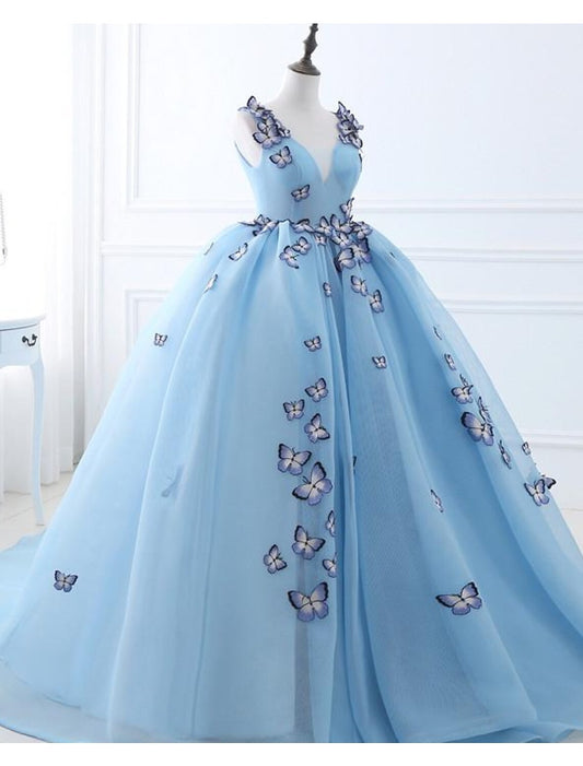 Ball Gown Prom Dresses Luxurious Dress Engagement Sleeveless V Neck Tulle Pleats Appliques