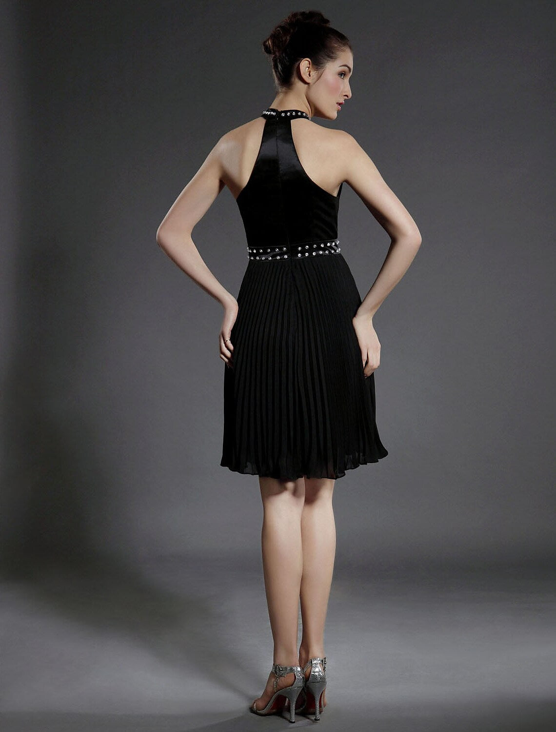 Little Black Dress Dress Holiday Knee Length Sleeveless High Neck Chiffon with Pleats Beading