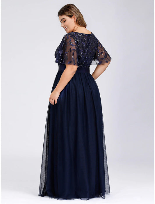 A-Line Prom Dresses Dress Wedding Guest Floor Length Short Sleeve Tulle with Sequin Appliques