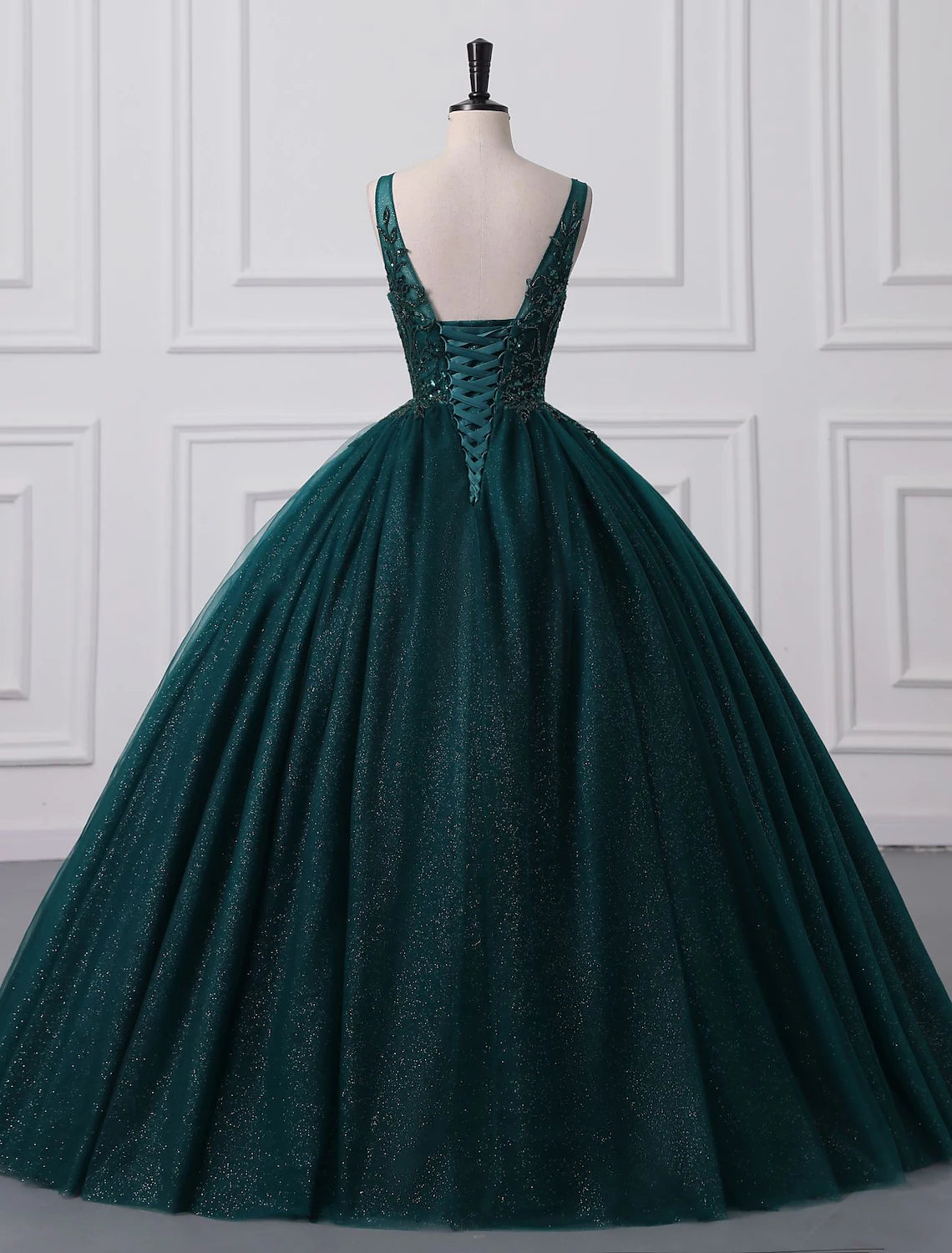 Prom Dresses Sparkle Shine Dress Quinceanera Floor Length Sleeveless V Neck Tulle with Sequin Appliques