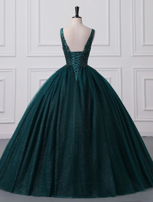 Prom Dresses Sparkle Shine Dress Quinceanera Floor Length Sleeveless V Neck Tulle with Sequin Appliques