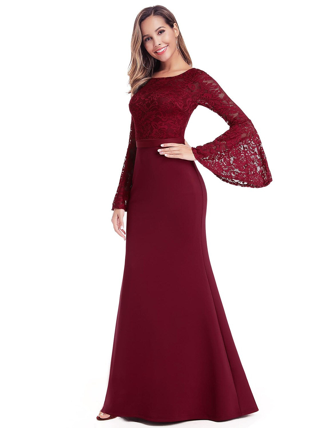 Evening Gown Dress Wedding Guest Floor Length Long Sleeve Chiffon with Appliques