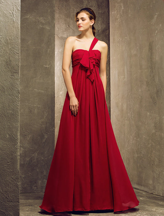 Bridesmaid Dress One Shoulder Sleeveless Elegant Floor Length Chiffon with Ruffles