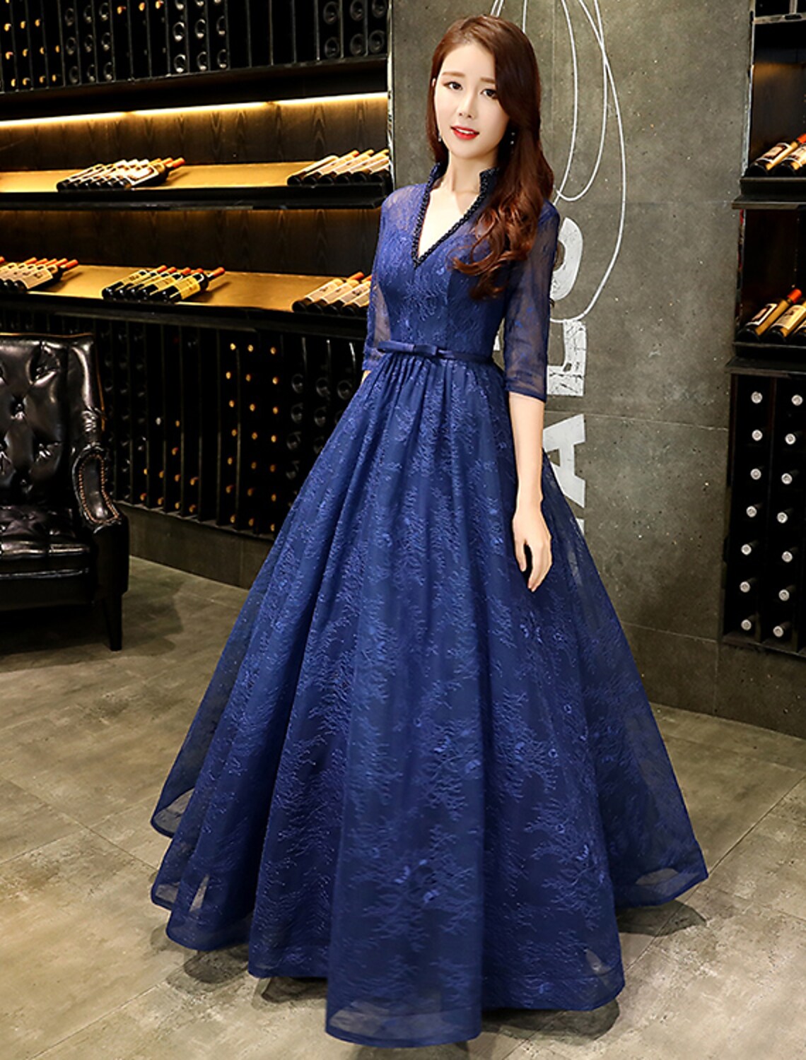 A-Line Evening Gown Beautiful Back Dress Wedding Guest Floor Length Half Sleeve V Neck Lace with Beading Prom Dresses