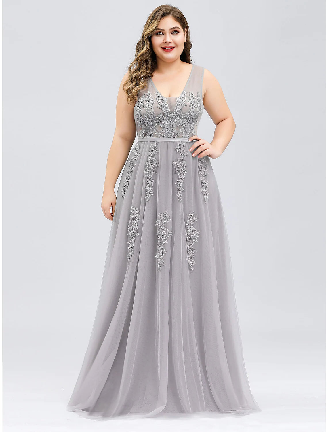 A-Line Prom Dresses Plus Size Dress Prom Floor Length Sleeveless V Neck Tulle V Back Beading Appliques