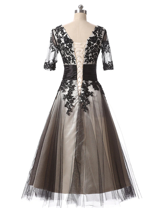 Evening Gown Dress Wedding Guest Ankle Length Half Sleeve Neck with Lace Appliques